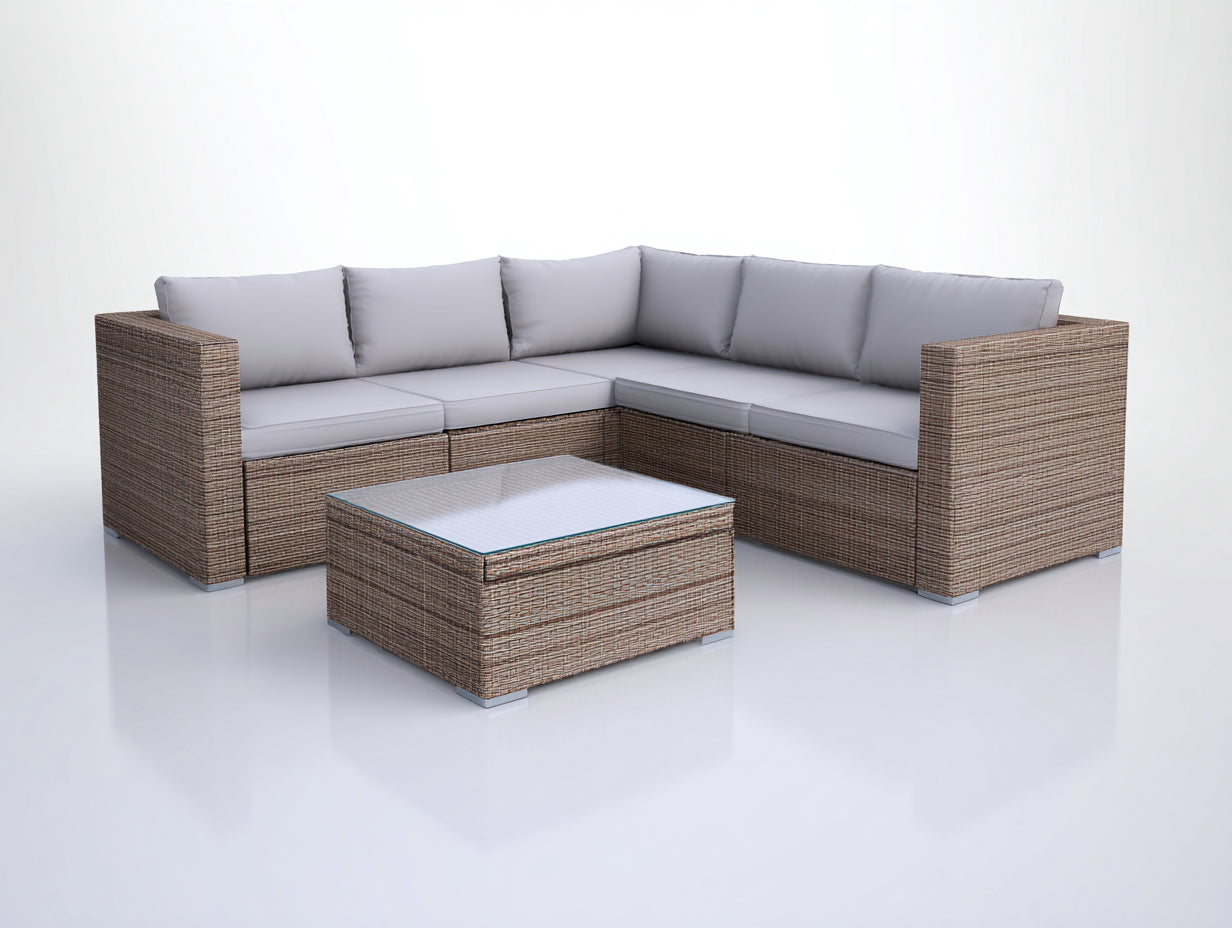 Canapé de jardin - Résine tressée-Verre-Tissu polyester - 235 x 235 x 72 cm - Gris clair-Beige - Contemporain