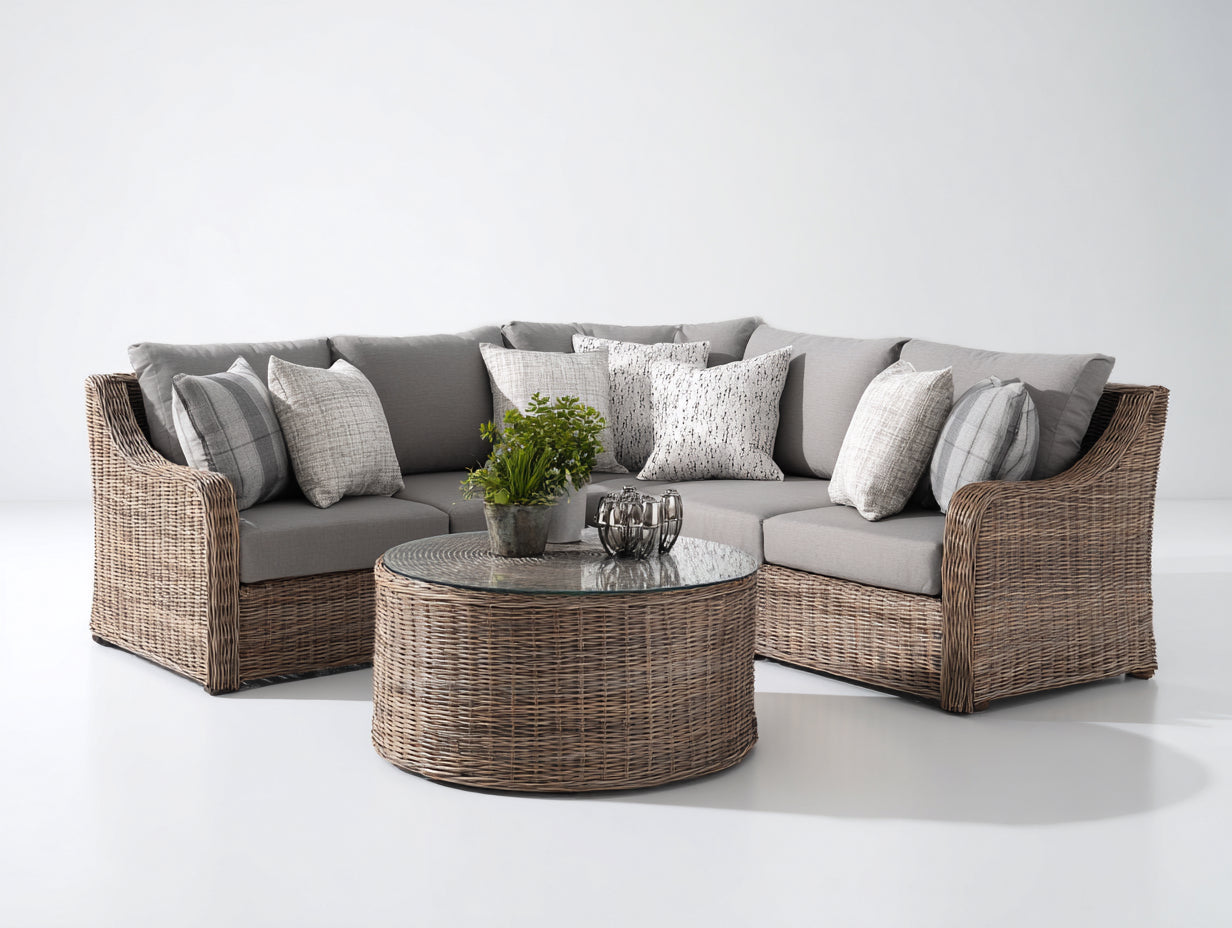 Canapé de jardin - Résine tressée-Verre-Tissu polyester - 220 x 220 x 82 cm - Gris clair-Naturel - Bohème contemporain