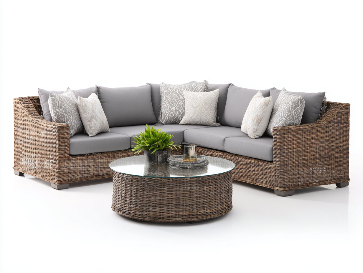 Canapé de jardin - Résine tressée-Verre-Tissu polyester - 230 x 230 x 80 cm - Gris clair-Brun naturel - Bohème contemporain
