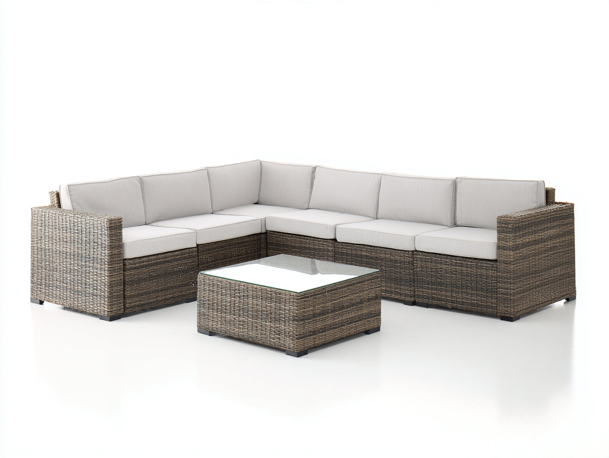 Canapé de jardin - Résine tressée-Verre-Tissu polyester - 250 x 180 x 70 cm - Crème-Brun - Contemporain