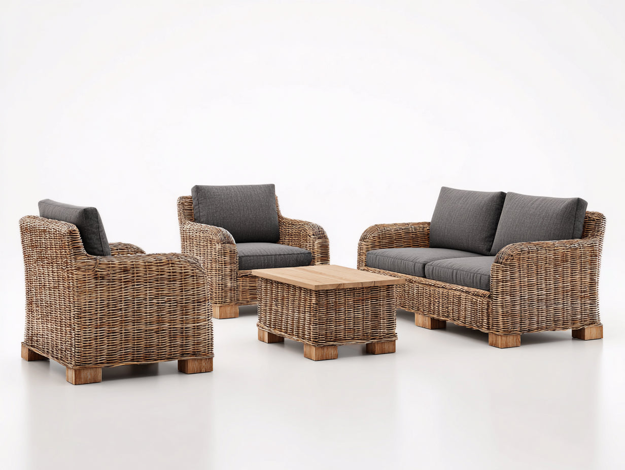 Canapé de jardin - Résine tressée-Bois-Tissu polyester - 170 x 85 x 78 cm - Gris foncé-Naturel - Rustique contemporain