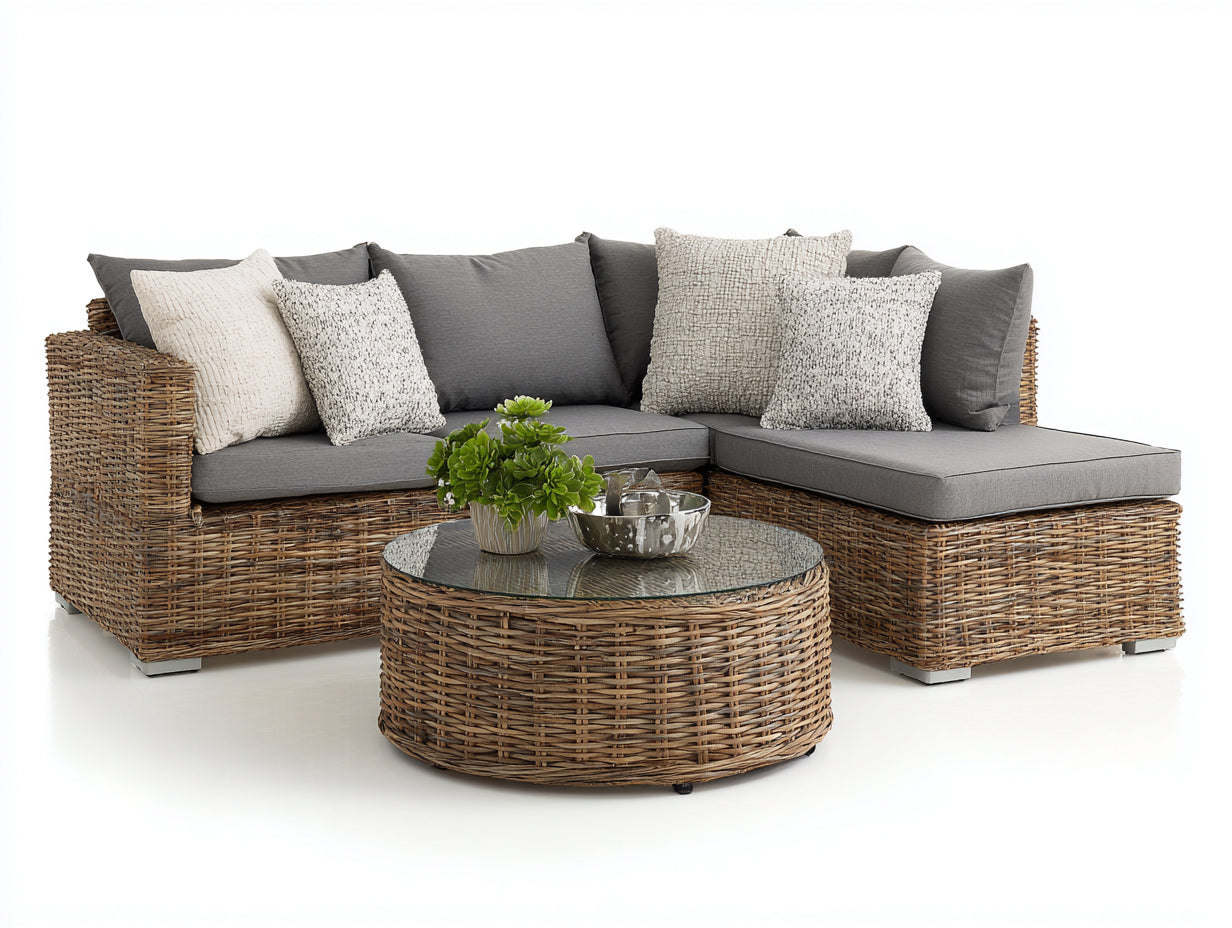 Canapé de jardin - Résine tressée-Verre-Tissu polyester - 220 x 160 x 82 cm - Gris foncé-Naturel - Bohème contemporain