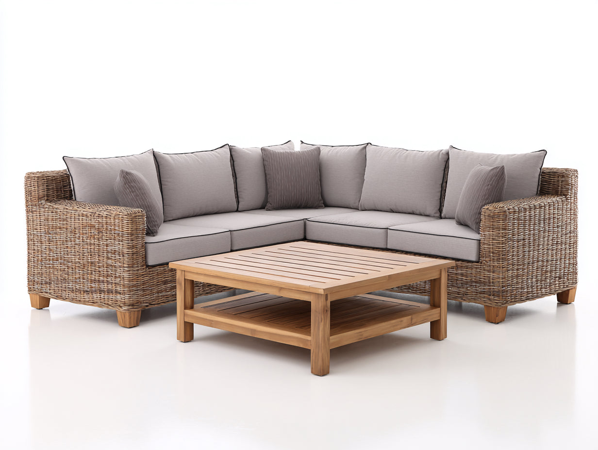 Canapé de jardin - Résine tressée-Bois-Tissu polyester - 230 x 230 x 68 cm - Gris clair-Naturel - Moderne
