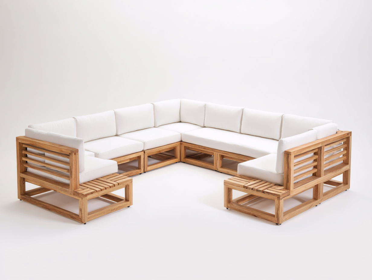 Canapé de jardin - Bois-Tissu polyester - 275 x 275 x 78 cm - Blanc-Naturel - Moderne minimaliste