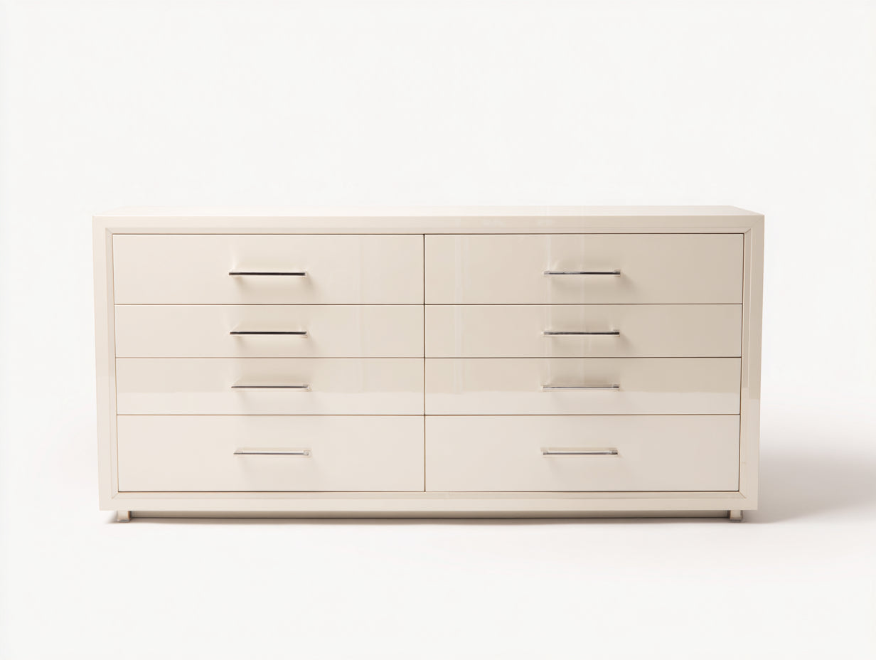 Commode - panneaux de bois-métal - 142 x 43 x 79 cm - blanc cassé - style contemporain
